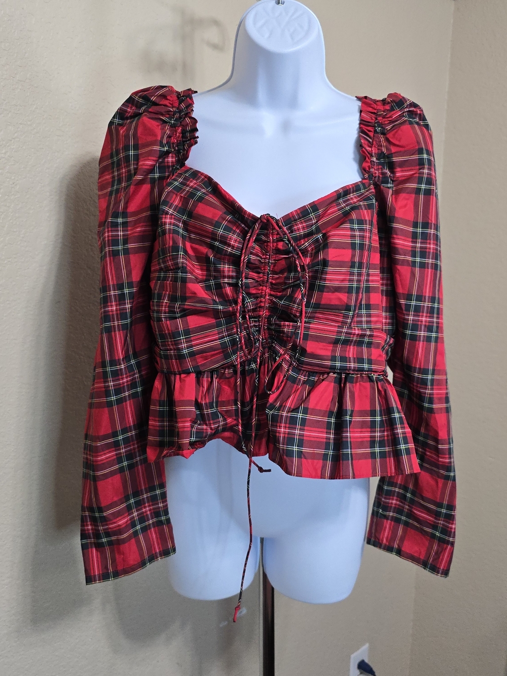 ANTONIO MELANI Red Plaid Ruched Peplum Button-Down Top